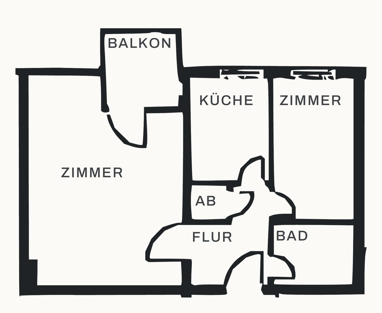 Grundriss der Wohnung Nr. 20 im 1. Obergeschoss: Zimmer mit Balkon, zweites Zimmer, Küche, Bad, Flur und Abstellraum