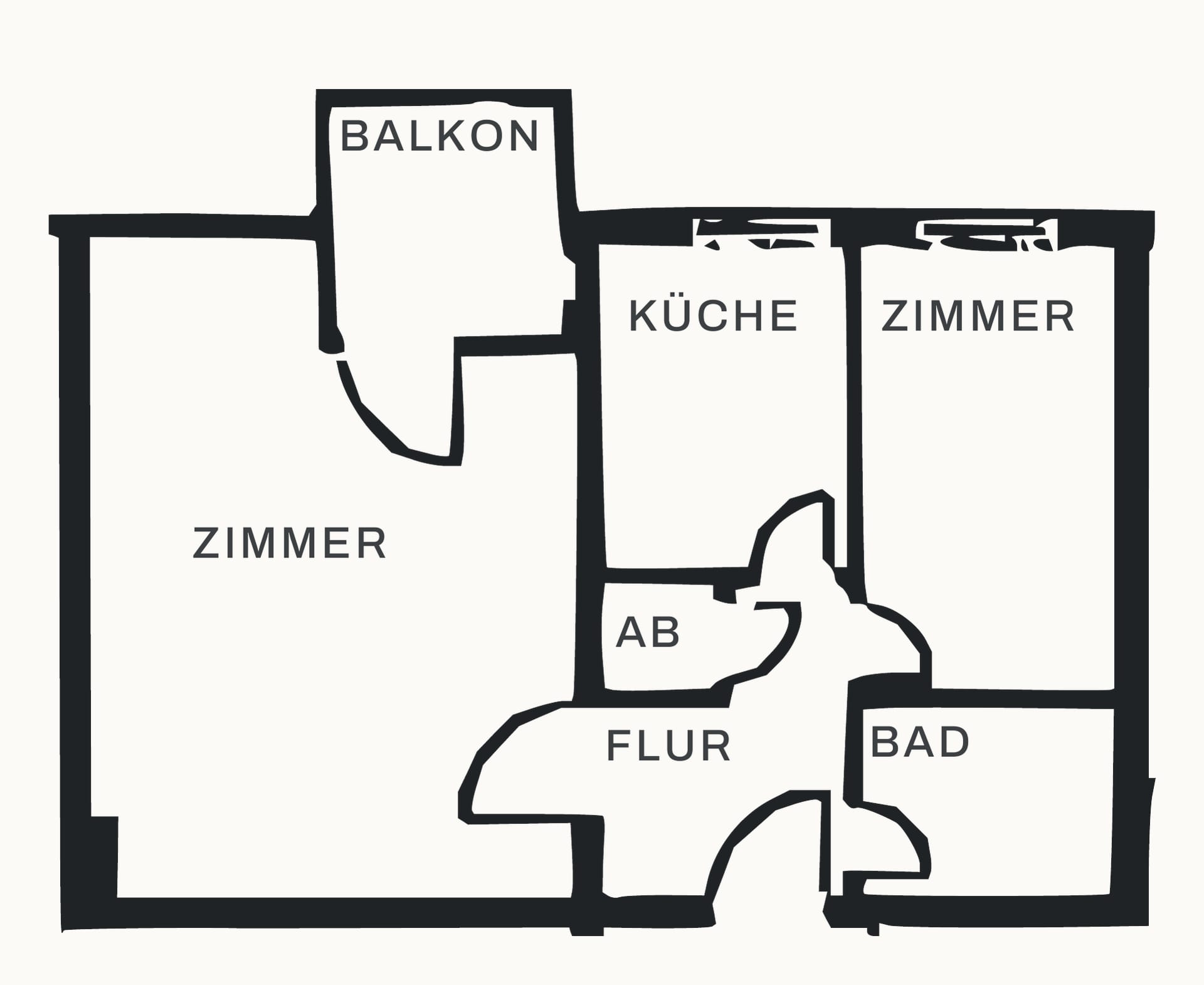 Grundriss der Wohnung Nr. 20 im 1. Obergeschoss: Zimmer mit Balkon, zweites Zimmer, Küche, Bad, Flur und Abstellraum